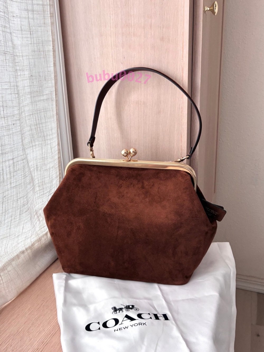 NWT👛Coach Kisslock Frame Suede Shoulder Bag 27 Warm Brown CDZ26 Limited Fall